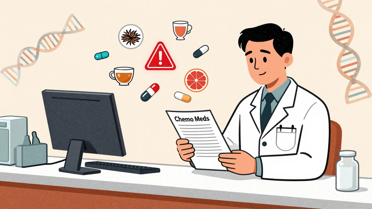 Oncology pharmacist reviewing medication list with herbal and drug icons