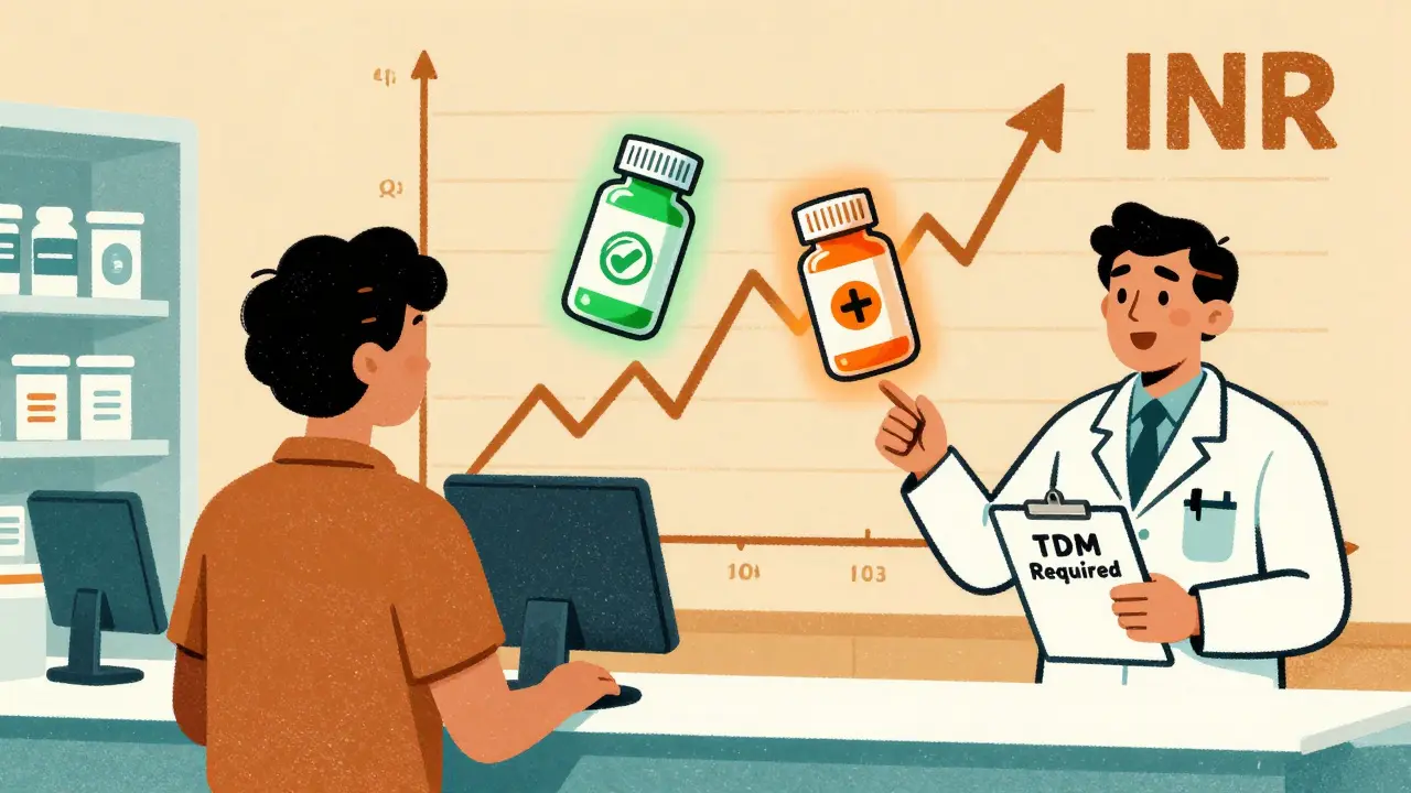 Patient at counter with two hovering generic pill bottles, one stable and one unstable, INR graph spiking behind them.