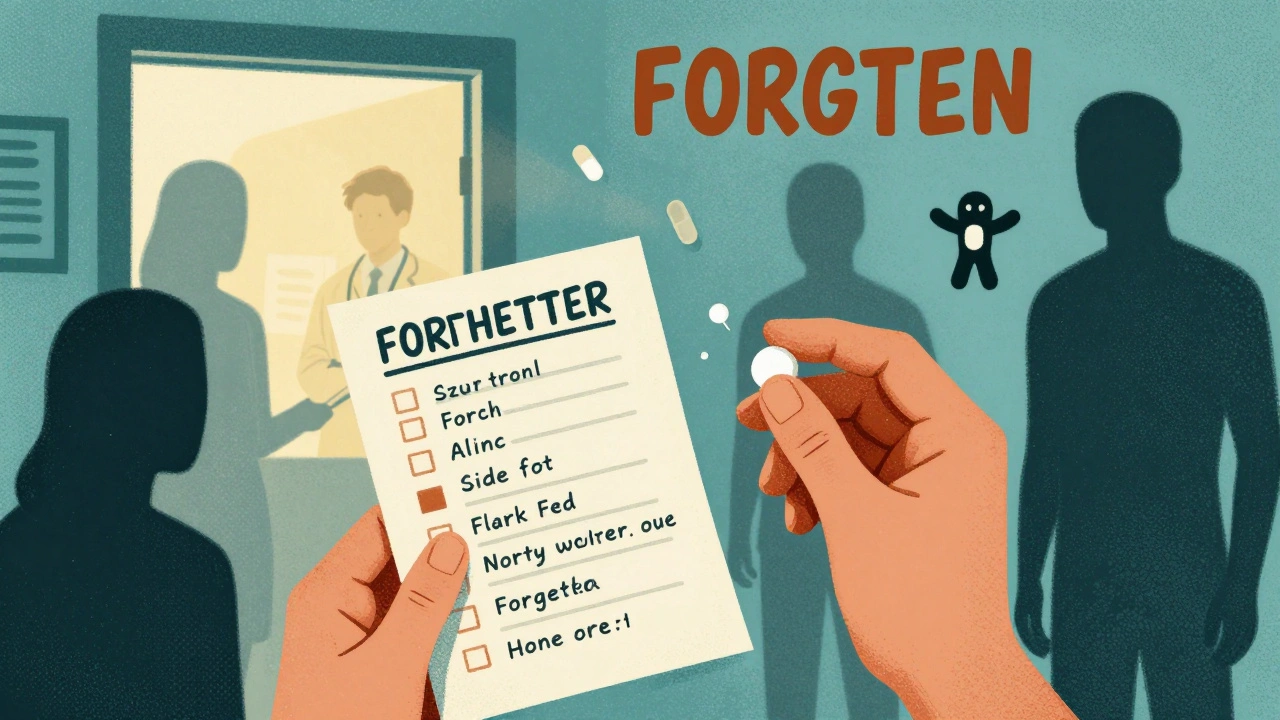 Patient holding chemo pill with full medication list, shadows of risks behind