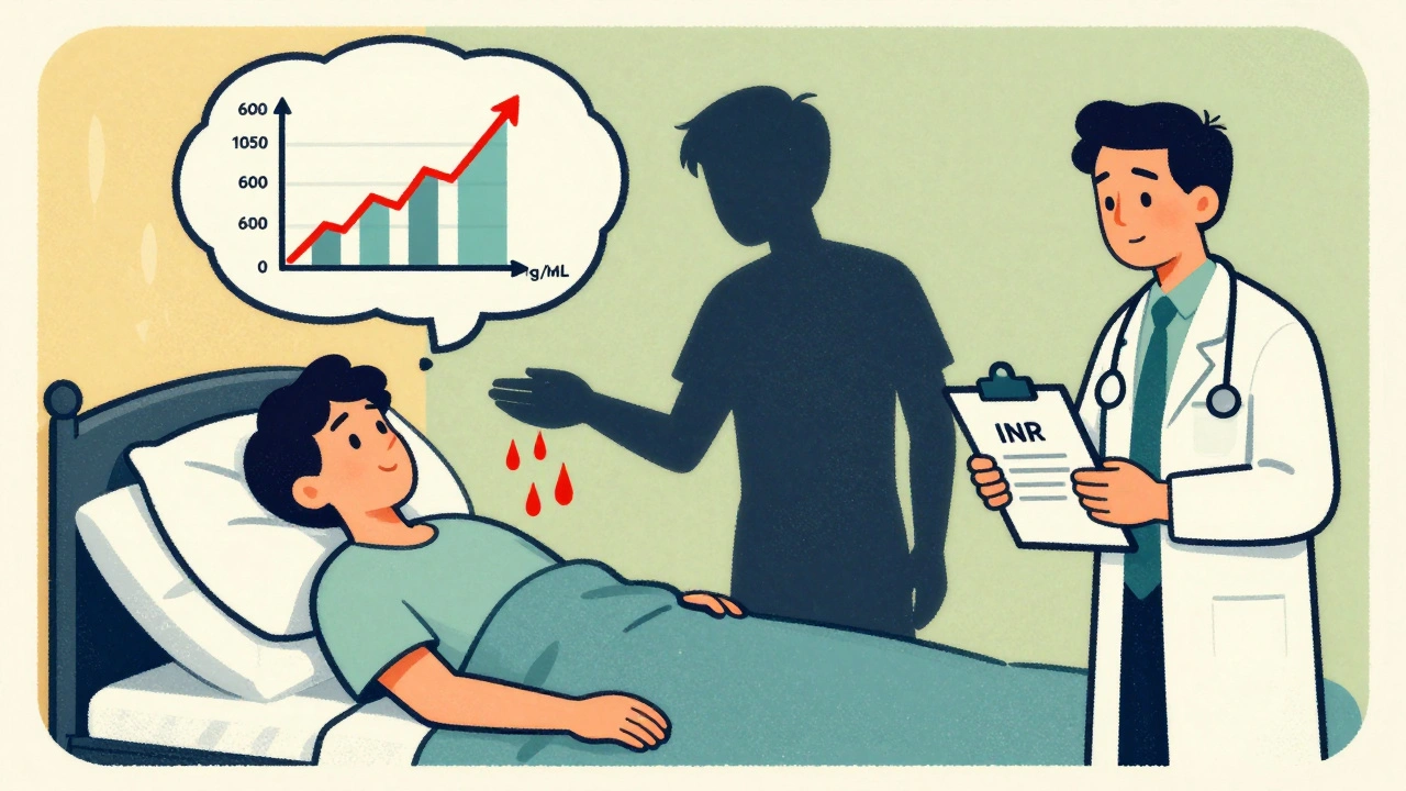 Patient in bed with thought bubble showing spiked drug levels, CBD dripping into bloodstream, doctor holding INR reading.