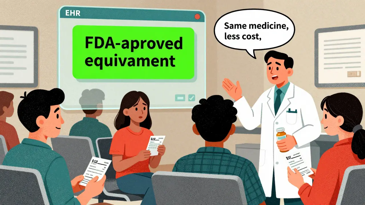 Patient smiling at cheap generic pill while doctor explains equivalence in clinic.