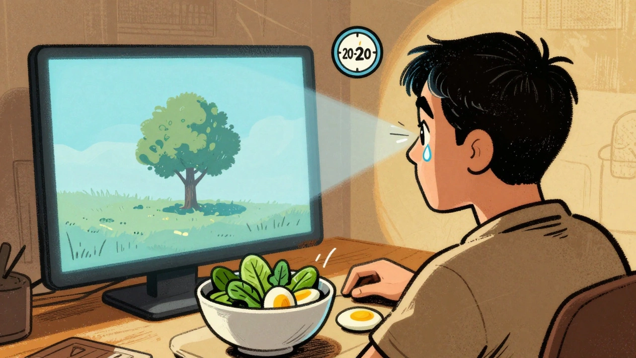Person following the 20-20-20 rule, looking at a distant tree, with spinach, eggs, and a timer floating nearby.