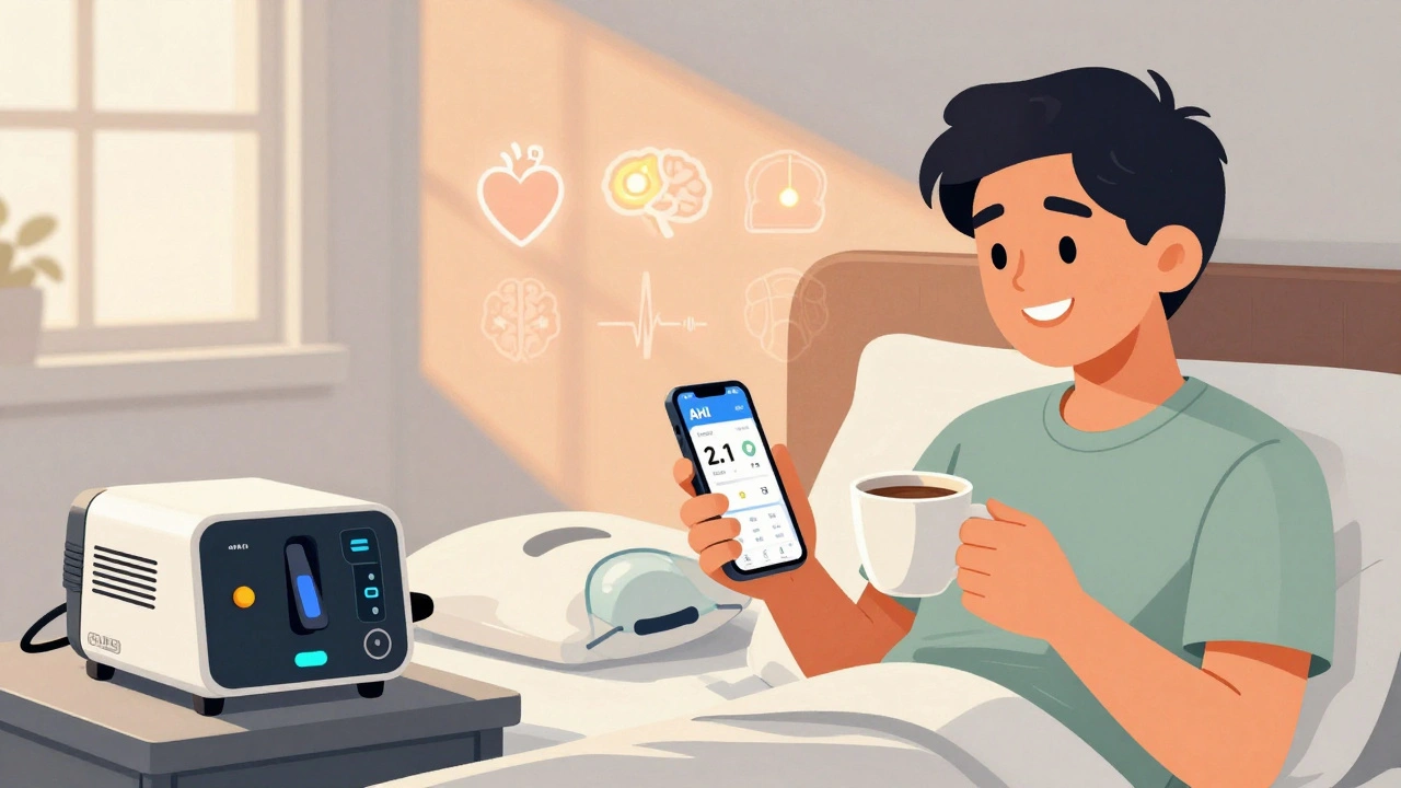 Person smiling in morning light, checking sleep app stats, CPAP machine in background, heart and brain icons glowing