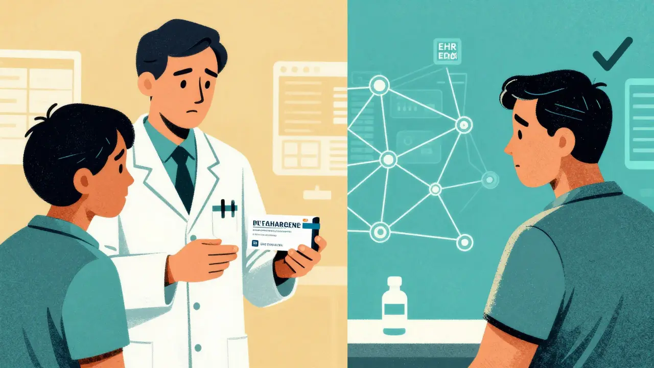 Pharmacist giving biosimilar to patient — one side with no label, other side with clear manufacturer and lot number, connected databases
