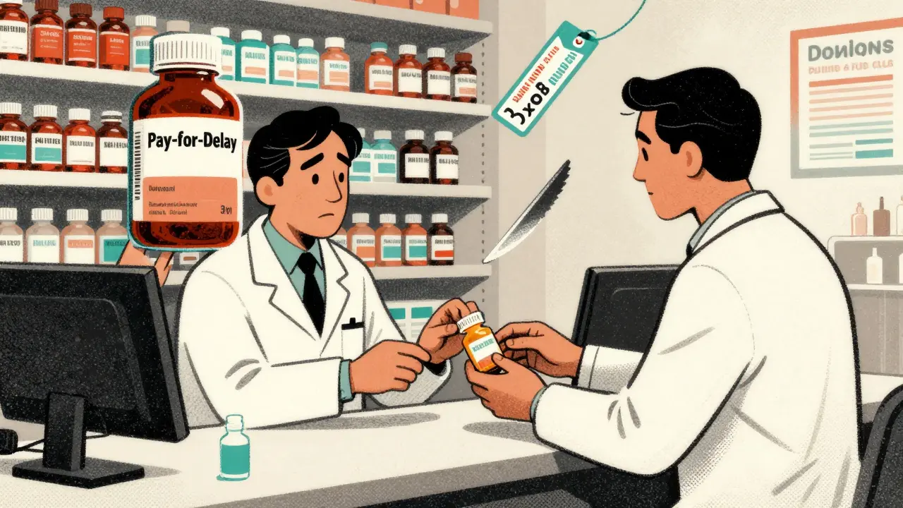 Pharmacist giving generic pill to patient while shadowy figure tries to push branded drug off counter.