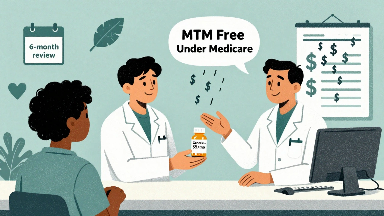 Pharmacist handing patient a low-cost generic pill bottle with savings chart in background.