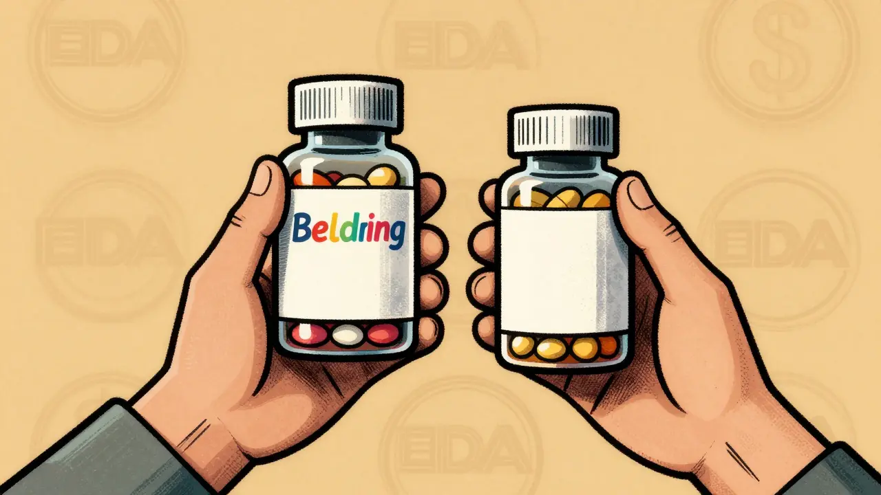 Pharmacist handing two different-looking pill bottles to a patient, both containing identical contents.