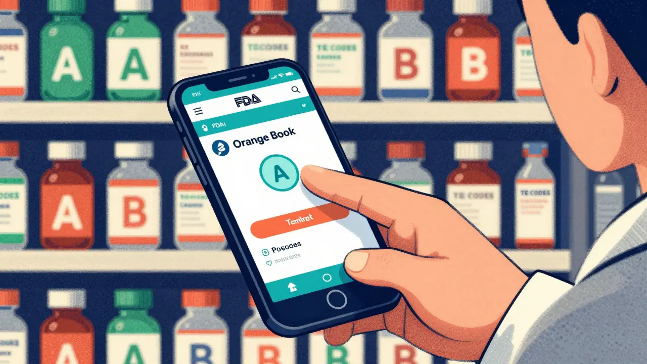 Pharmacist pointing at smartphone displaying FDA Orange Book app with A rating highlighted.