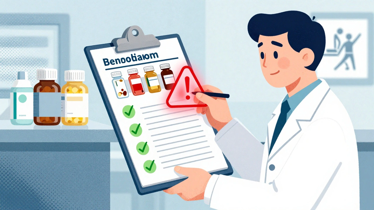 Pharmacist reviewing medications with warning symbols over dangerous drug combinations for an older adult.