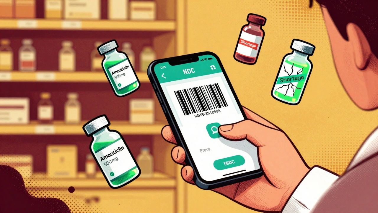 Pharmacist scanning a drug barcode on mobile app, with shortage and available vials floating around.