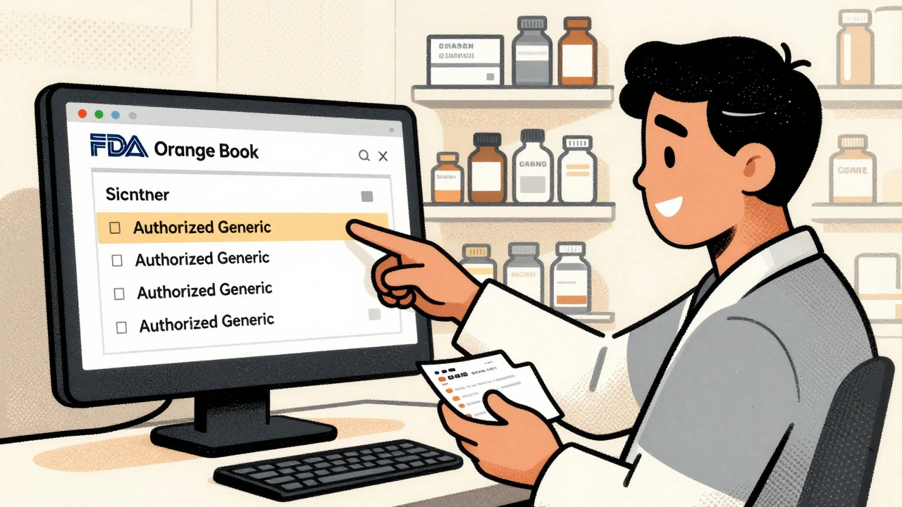 Pharmacist showing FDA Orange Book listing to patient, confirming authorized generic status.