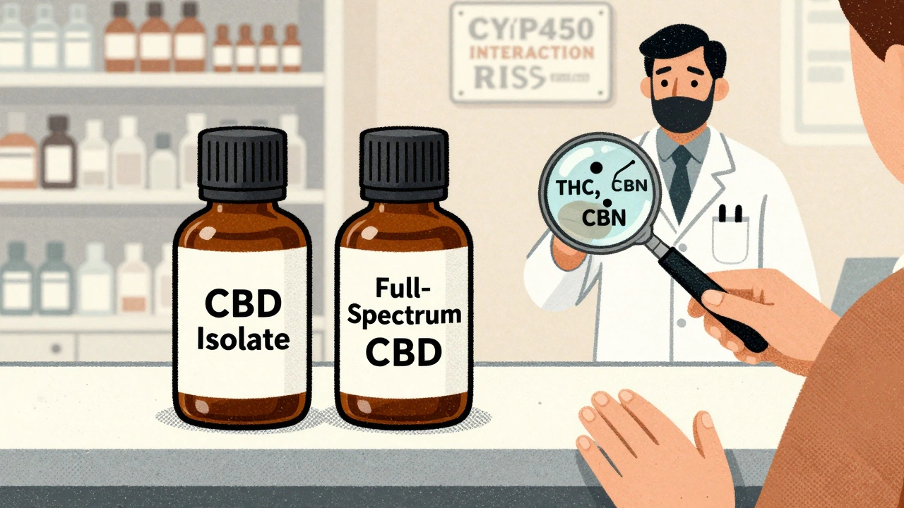 Pharmacy counter with two CBD bottles, magnifying glass revealing hidden cannabinoids, pharmacist handing warning sign.