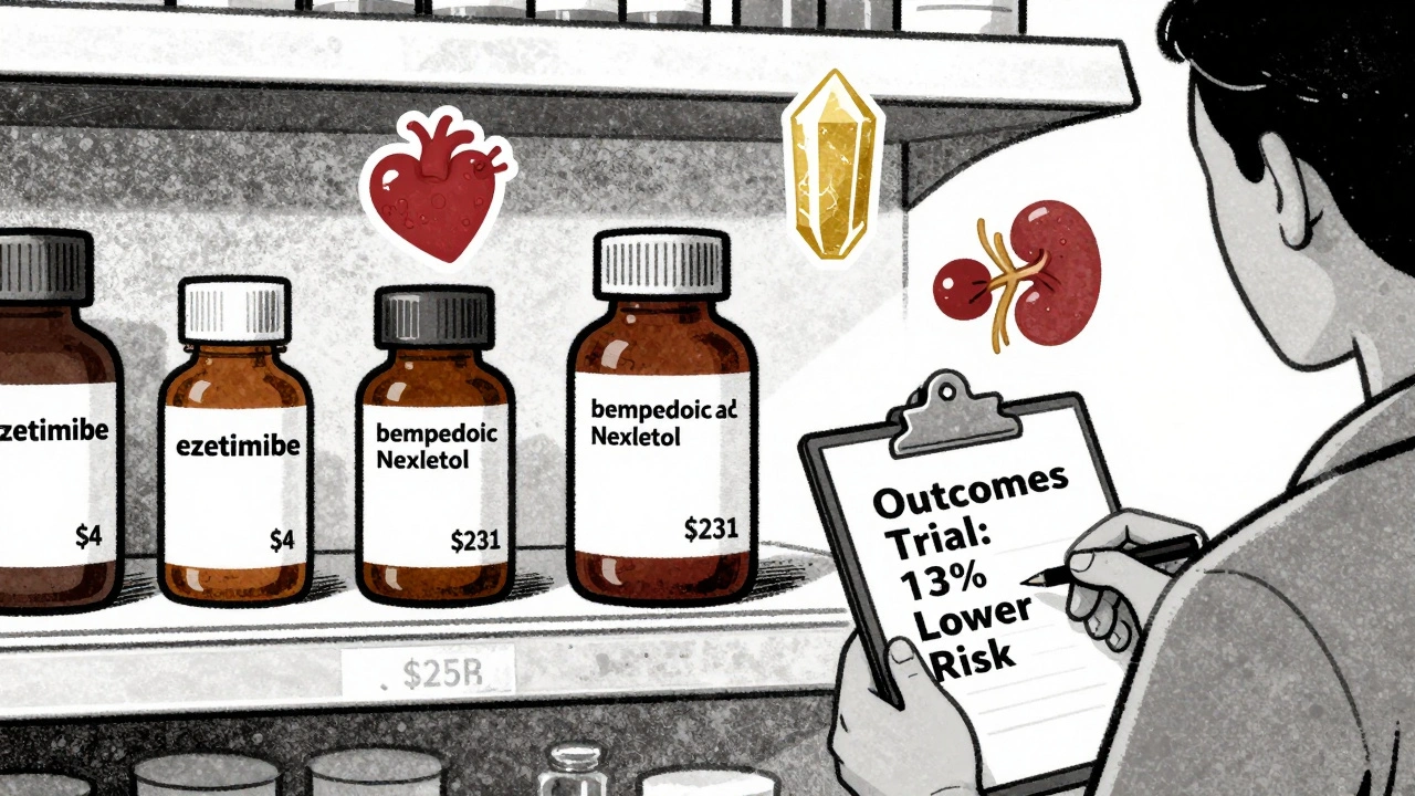 Pharmacy shelf comparing ezetimibe and bempedoic acid prices with health icons in muted screenprint tones.