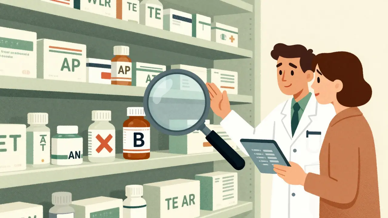 Pharmacy shelf with TE-coded pills, one marked B with red X, doctor and patient discussing nearby