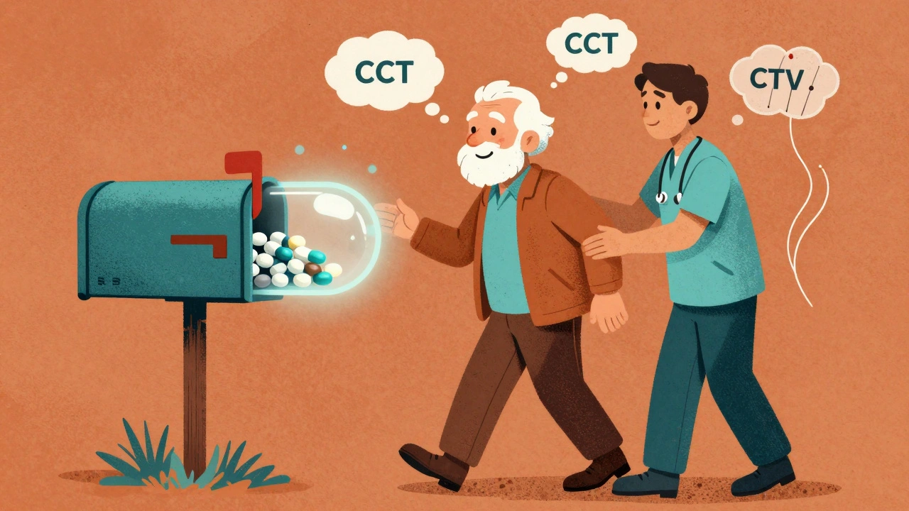 Senior walking to mailbox with therapist, supported by non-opioid pain relief methods like acupuncture and CBT.