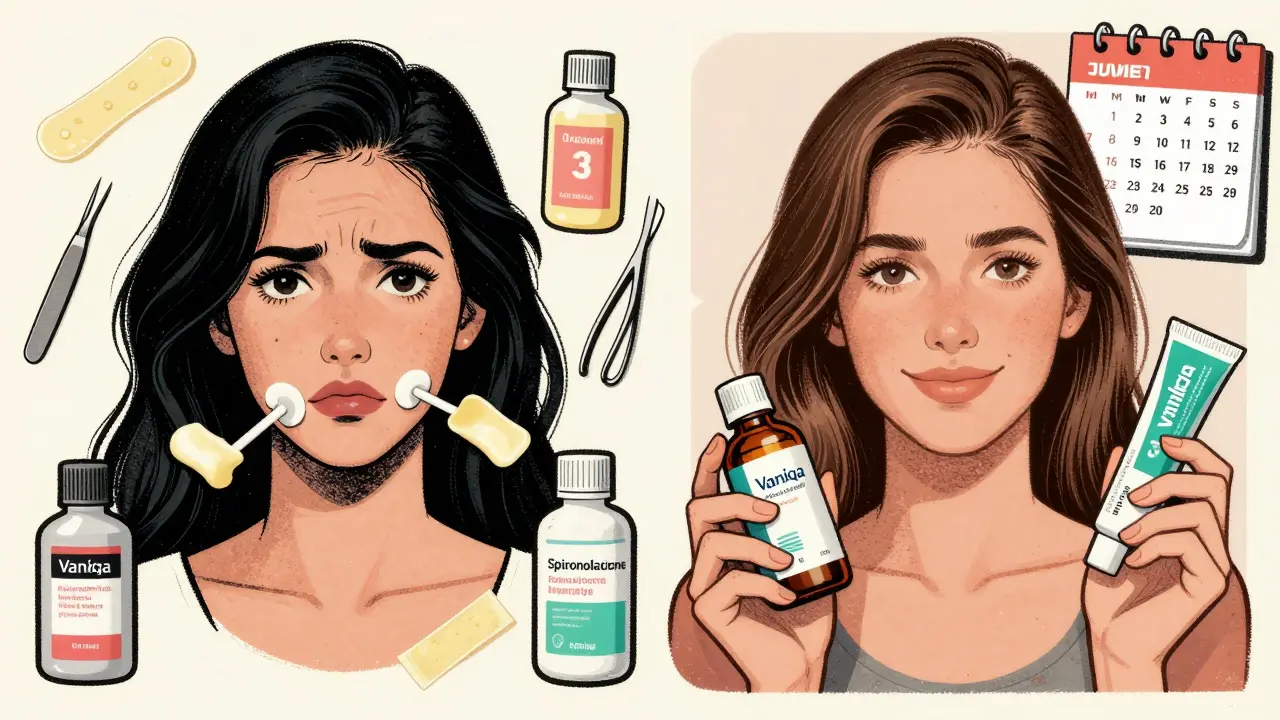 Split image: frustrated woman with unwanted hair vs. same woman months later with lighter hair and treatment tools.