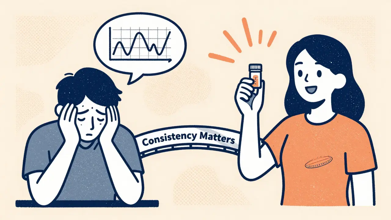 Split image of a patient before and after consistent generic medication use, with a bridge labeled 'Consistency Matters'.