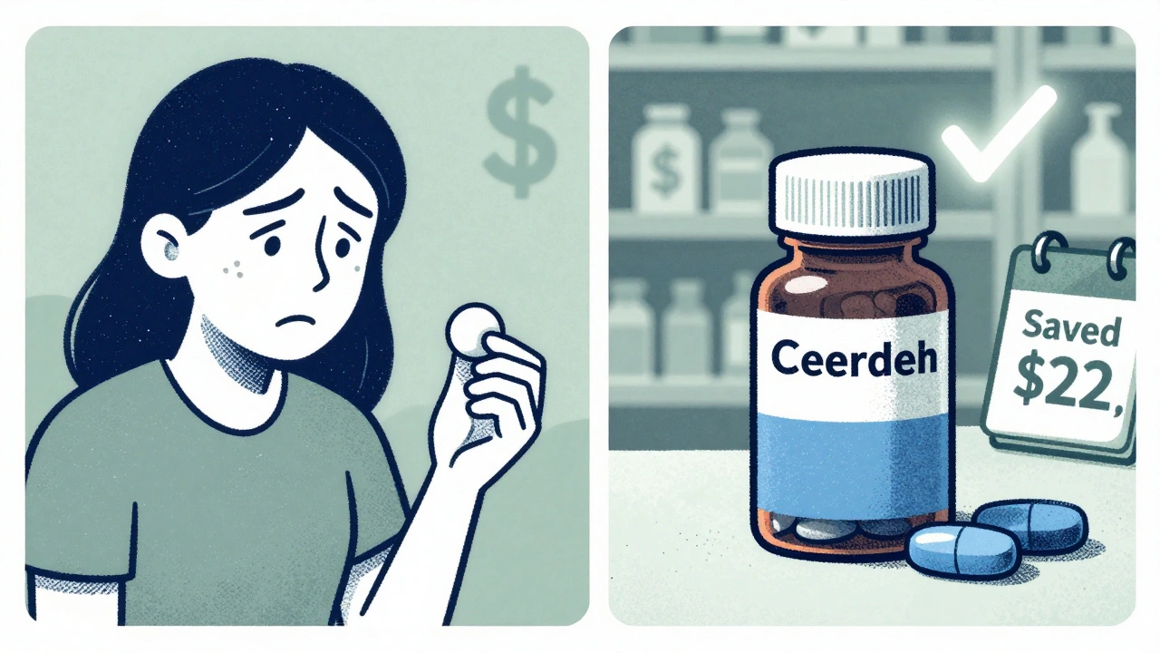 Split image of patient’s concern vs. reassurance that generic pill is from same manufacturer.