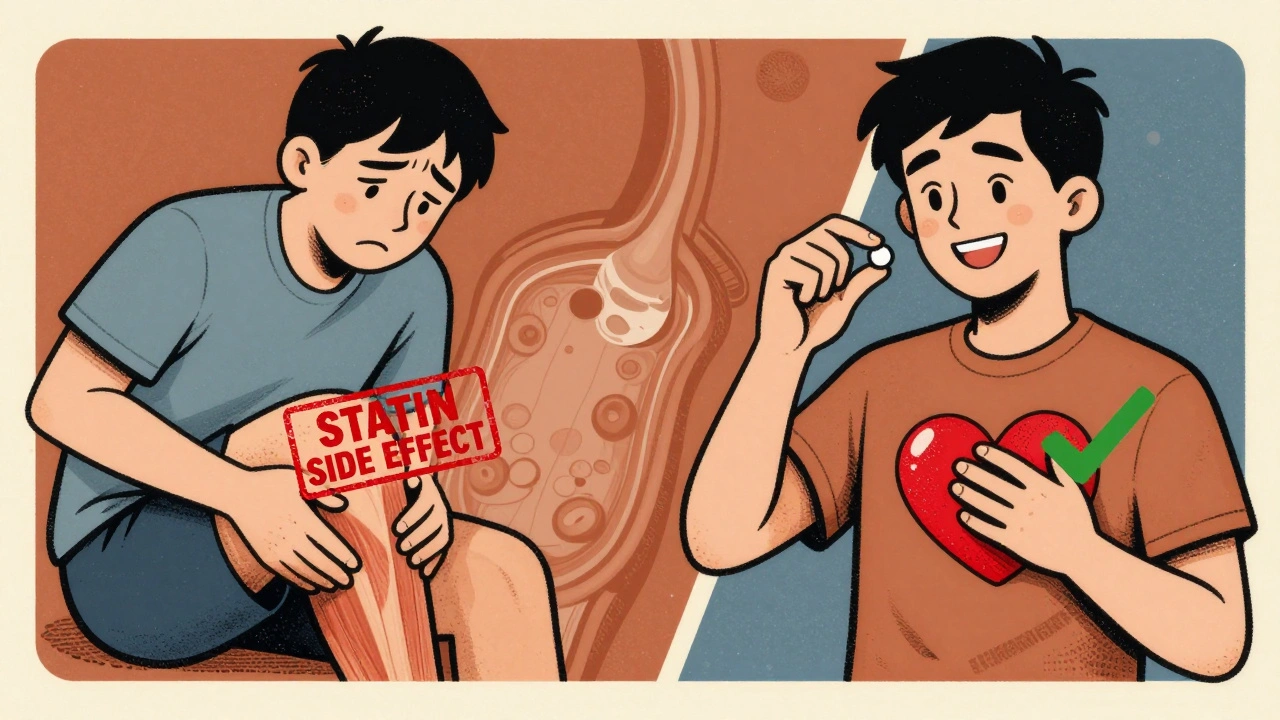 Split image of statin side effects vs. relief with Nexlizet pill and shrinking plaque in vintage poster style.