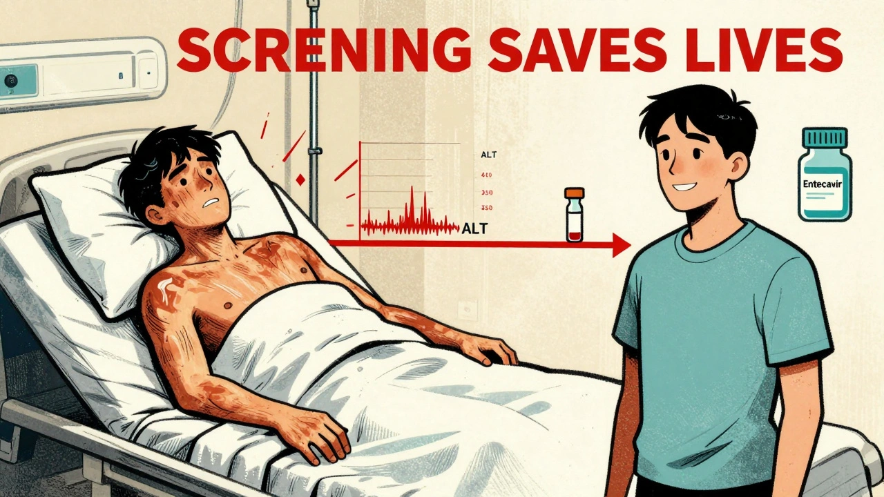 Split image: patient dying from missed screening vs. healthy with antiviral, emphasizing prevention.
