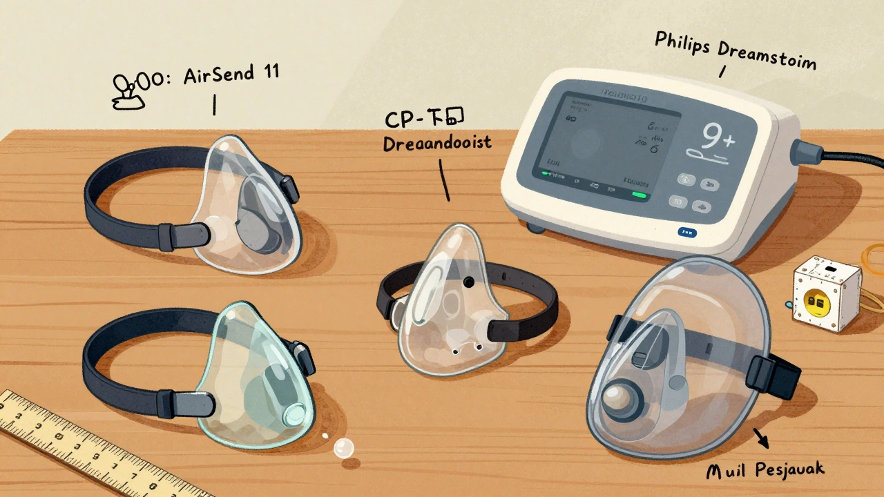 Three types of CPAP masks on a wooden table with machines and measuring tools, minimalist screenprint style