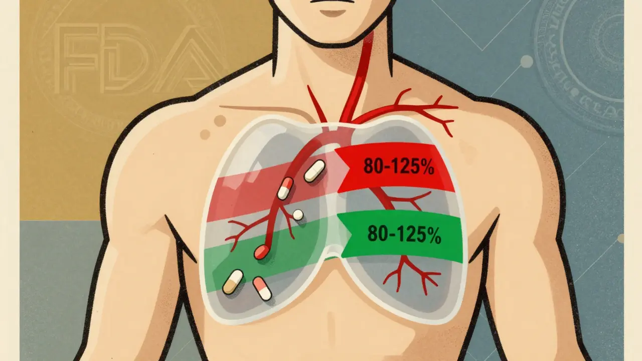 Transparent human body with blood flow and pill absorption rates marked by 80-125% bioequivalence range