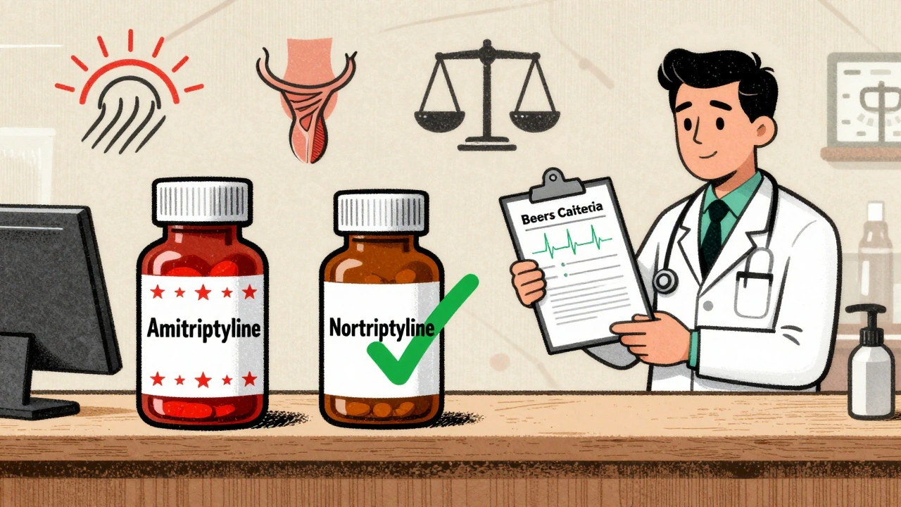 Two pill bottles compared at a pharmacy counter with medical icons showing risks and safer alternatives.