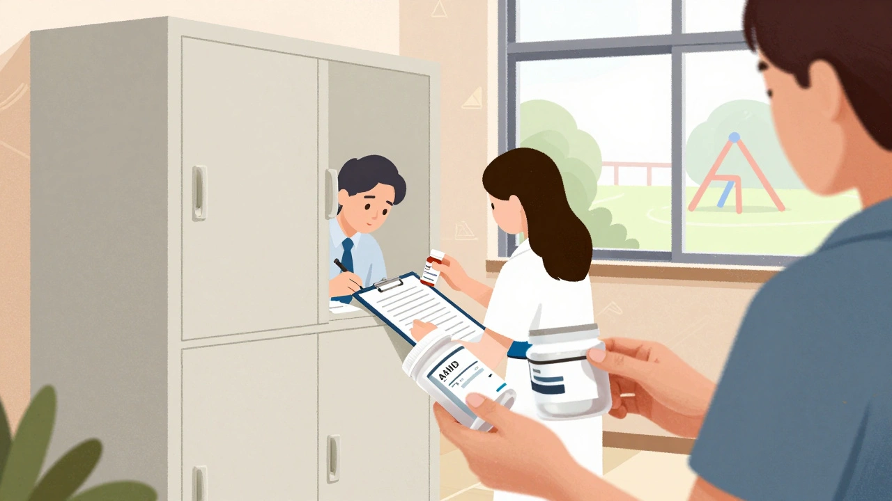 Two staff members signing logbook beside locked cabinet storing ADHD medication