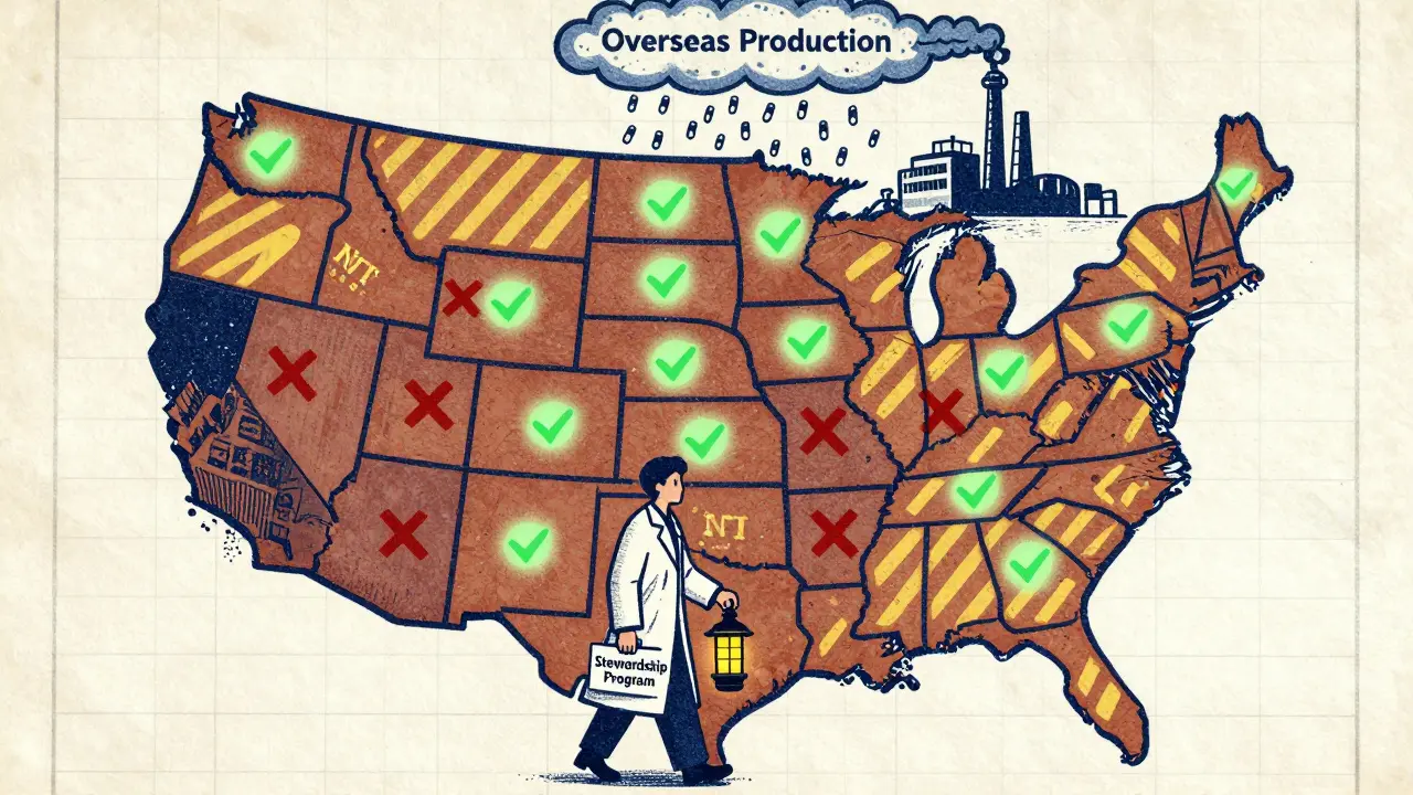 U.S. map showing state-by-state NTI drug substitution laws, pharmacist walking with stewardship lantern, pills raining from factory.