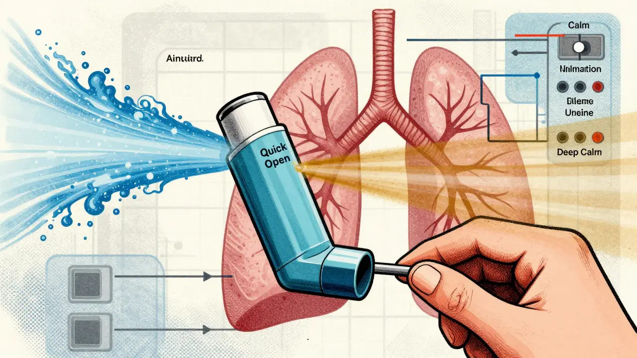 A combination inhaler releasing twin streams into lungs, symbolizing quick relief and long-term calm, in screenprint aesthetic.
