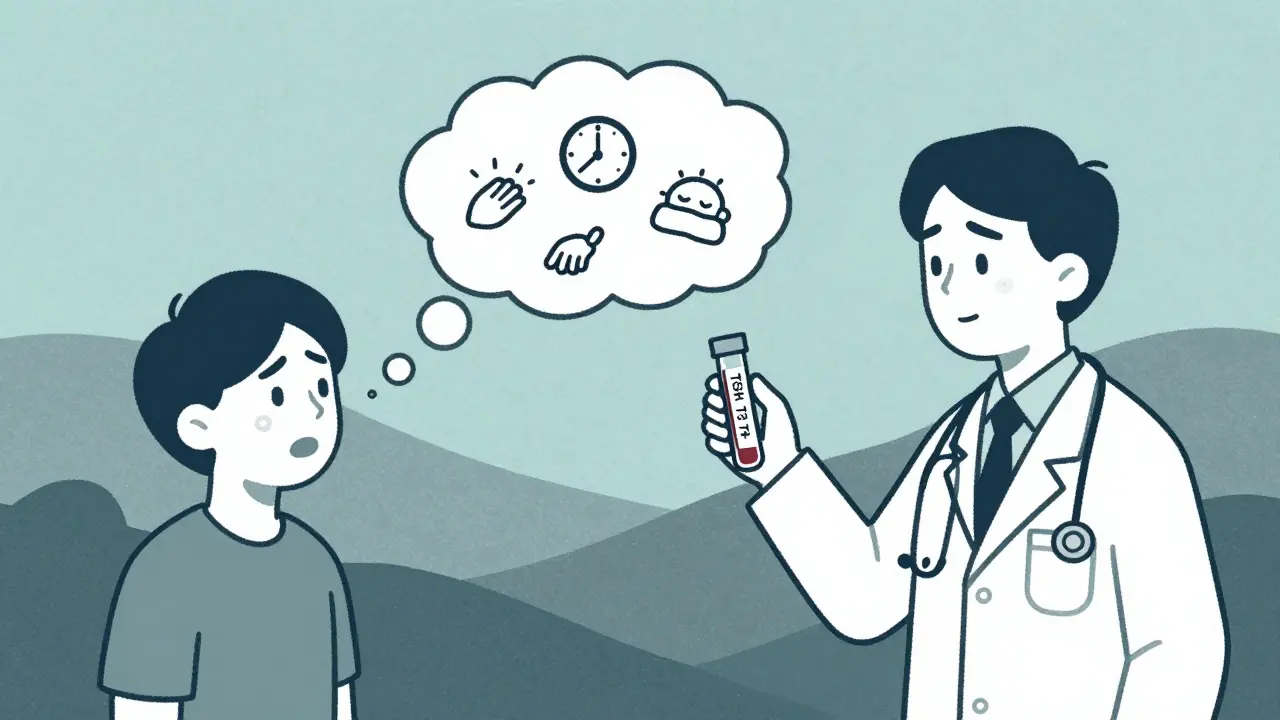 A doctor holds a thyroid blood test as anxiety symbols fade into a peaceful scene.