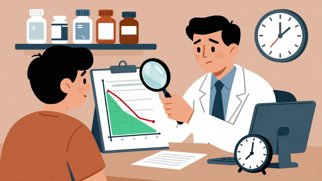 A doctor using a magnifying glass to examine drug concentration levels on a patient's chart, with symbolic pill bottles in the background.