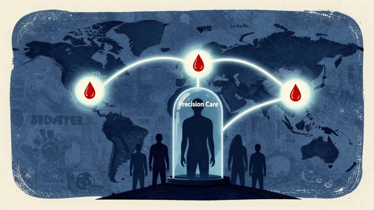 A global map with glowing TDM connections shielding a patient under a precision care dome, in vintage screenprint style.