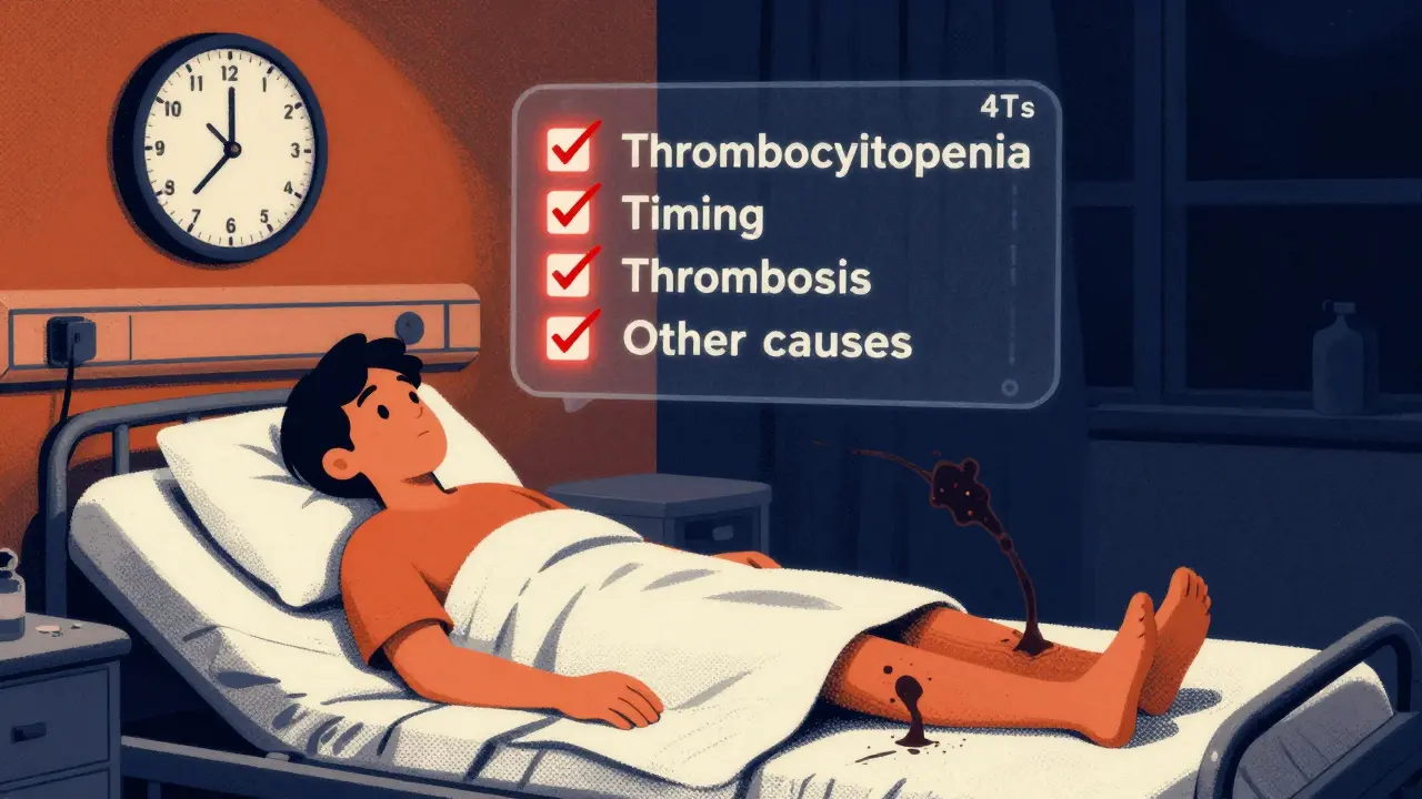 A patient in hospital bed at night with a glowing 4Ts score chart and shadowy clots approaching leg and lungs.