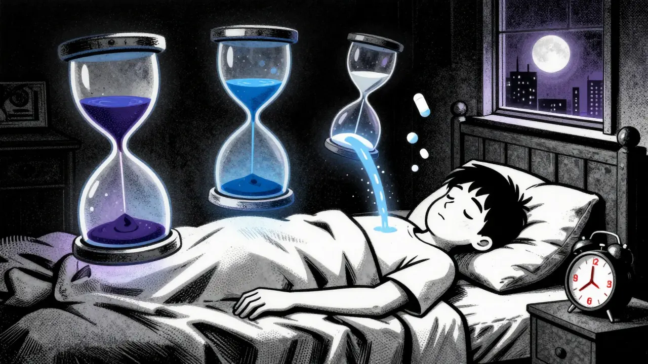 A person awake at 3 a.m. in a dark room, with hourglasses pouring light and a melatonin molecule nearby.