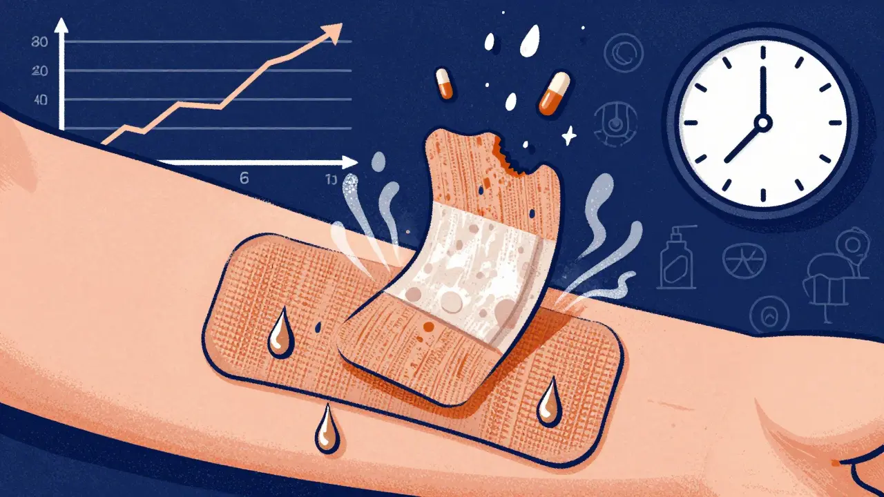 A skin patch slowly releasing medicine into the body, with a steady absorption graph and humidity effects.