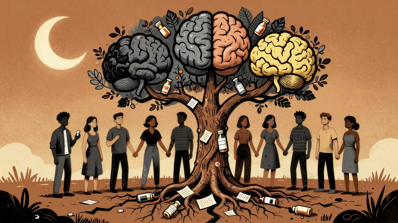 A tree growing from a battlefield, roots made of pills and therapy notes, fruit as healing brains under a moon.