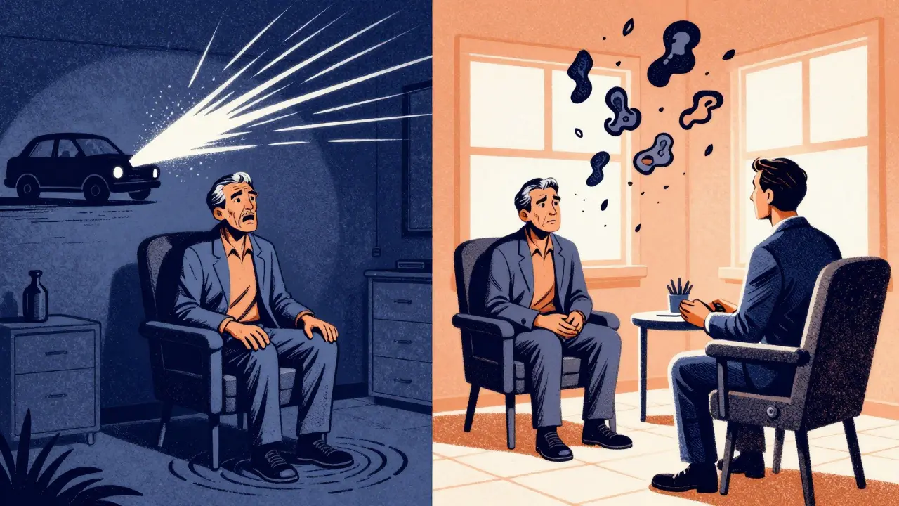 A veteran startled by a car backfire on one side, calmly in therapy on the other, with floating memories dissolving.