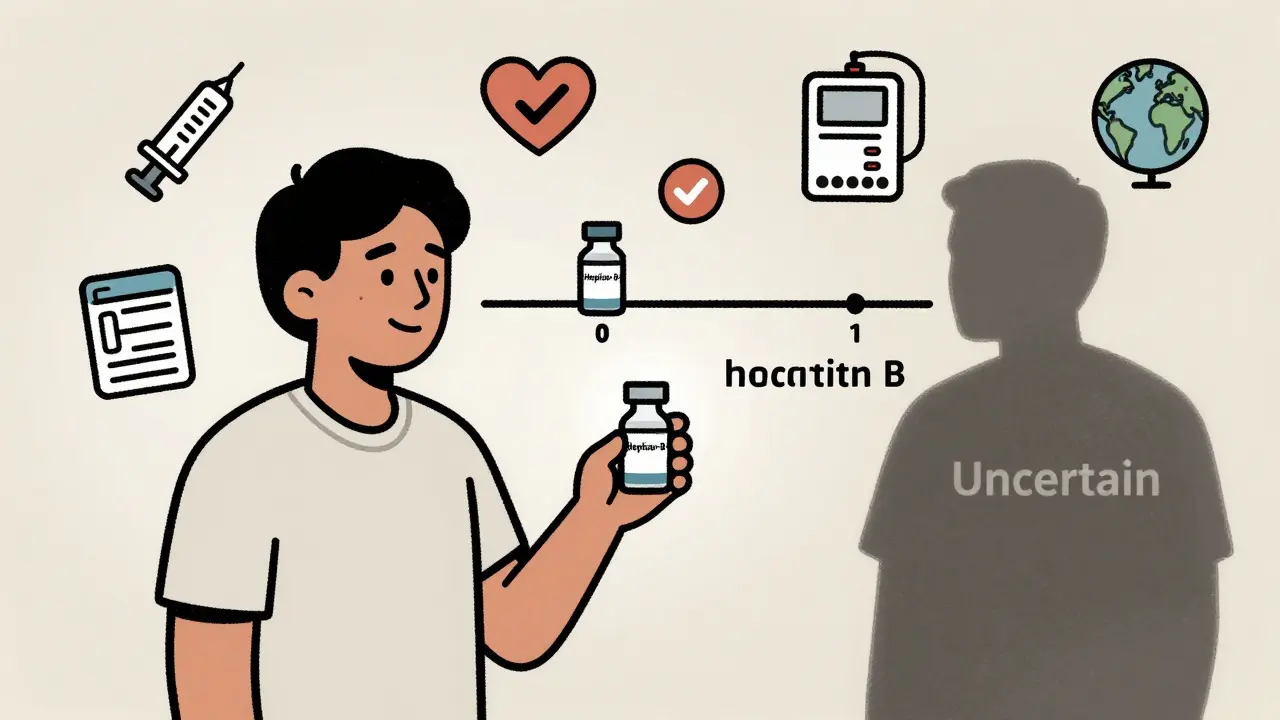 Adult getting two-dose hepatitis B vaccine at pharmacy, icons of health and protection nearby.