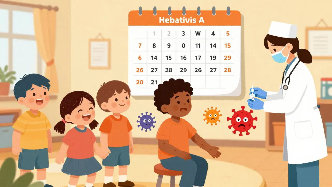 Children in daycare getting hepatitis A vaccine, calendar showing 6-month interval between doses.