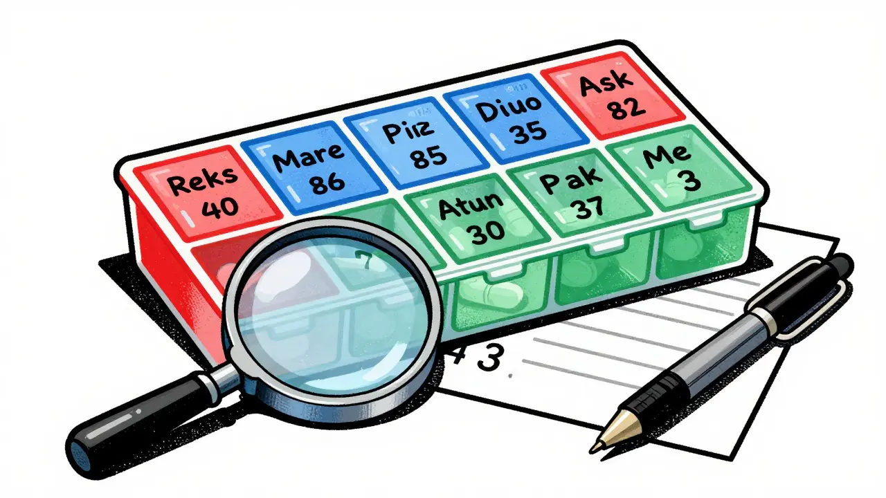 Color-coded pill organizer with labeled compartments and checklist.
