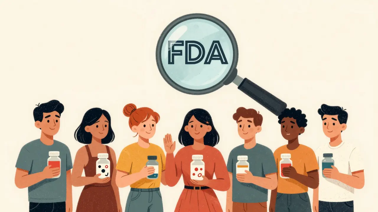 Diverse people holding generic pills with visible excipient differences under an FDA magnifying glass.