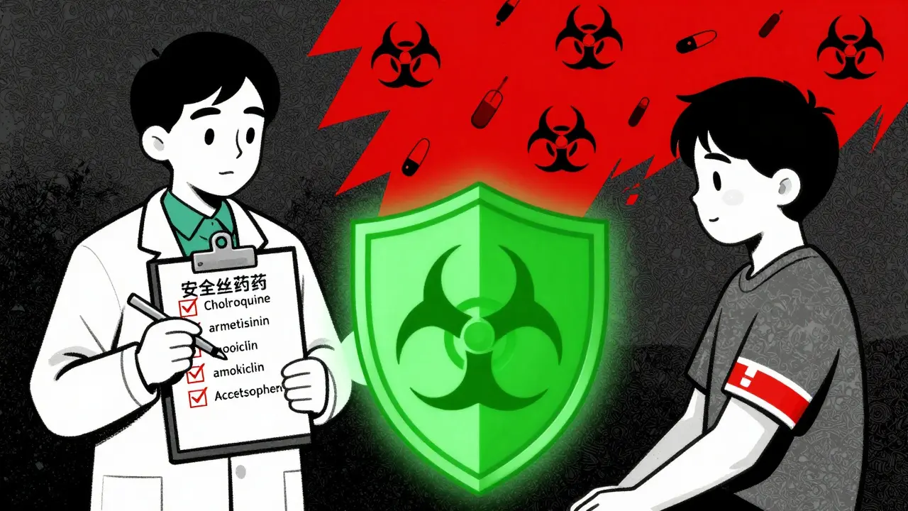 Doctor and patient with safe medications shielded from hazard symbols in screenprint art