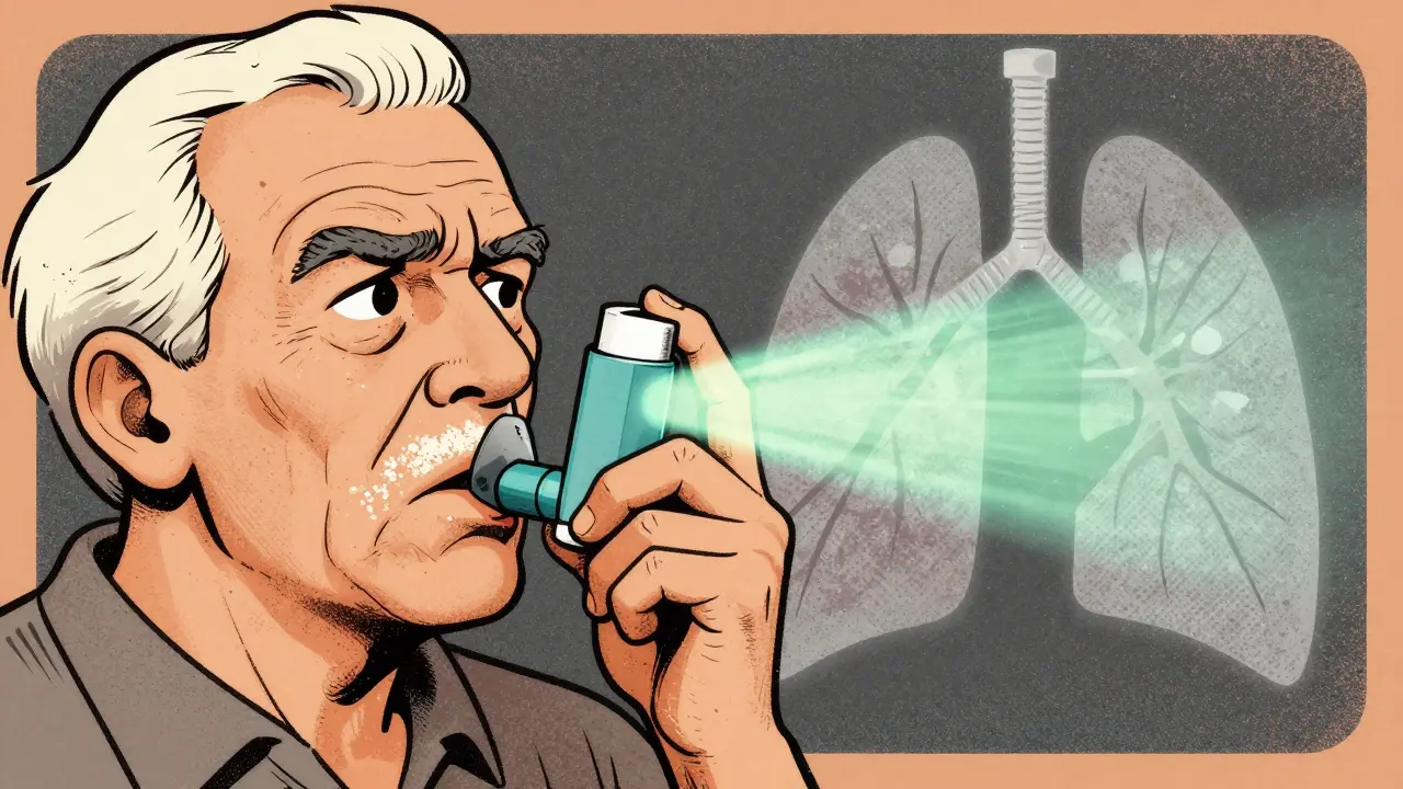 Elderly man struggling with dry powder inhaler, powder stuck in throat instead of reaching lungs.