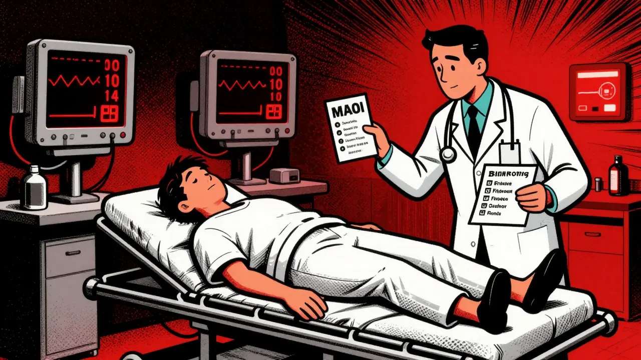 Emergency room scene with patient in distress, blood pressure monitor spiking, and MAOI alert card held by a doctor.