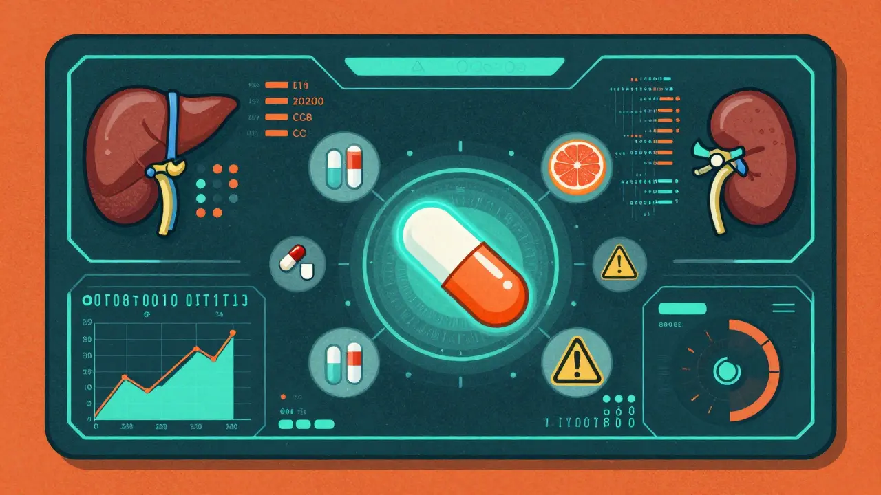 Futuristic medical dashboard showing CCB safety factors like liver, genes, and gut health.