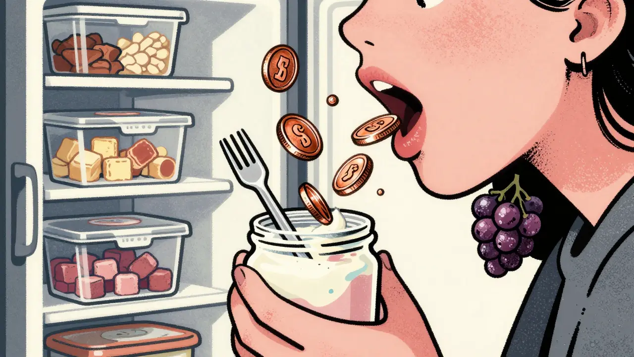 Hand using plastic utensils to eat yogurt as metallic taste symbols drift away, with ginger and frozen grapes nearby.