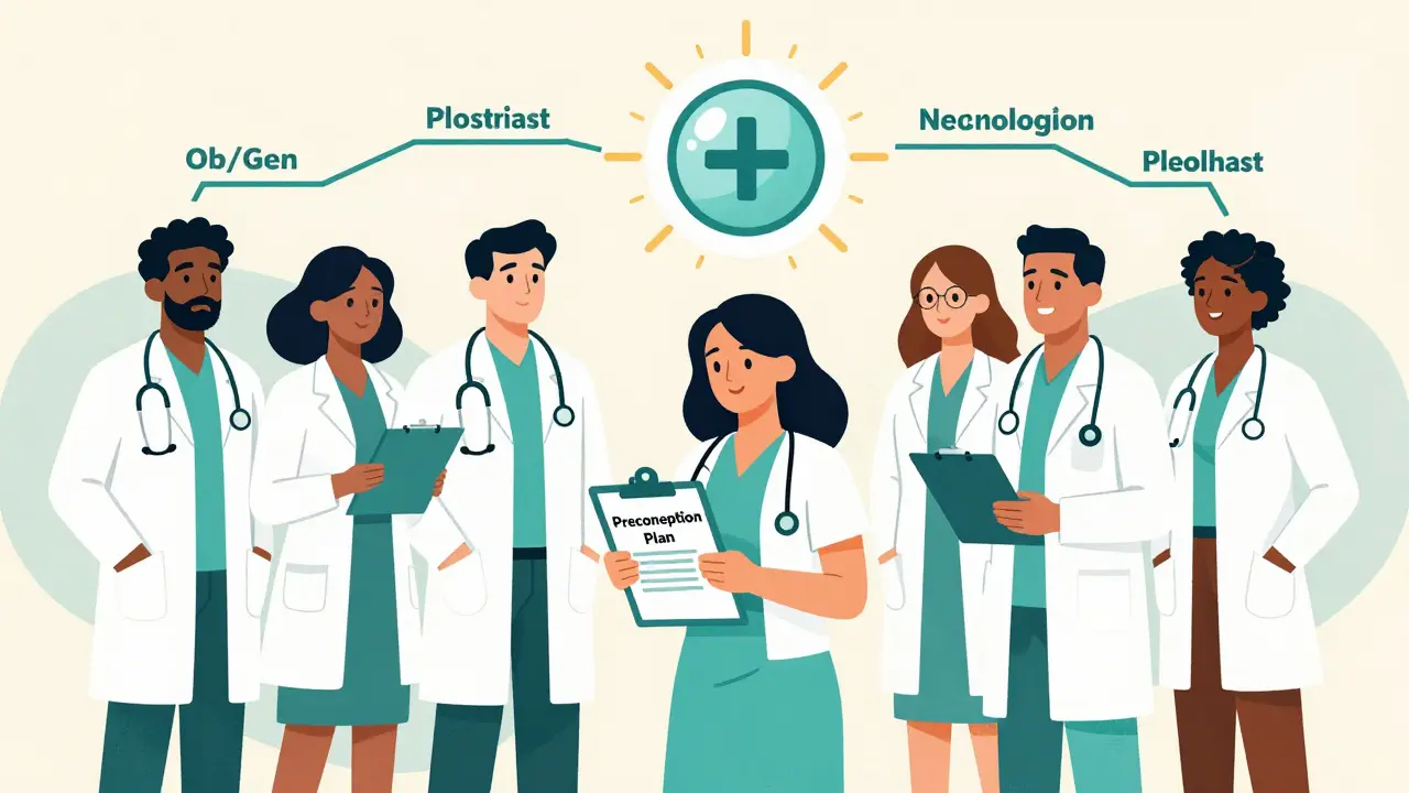 Healthcare team supporting woman with preconception plan and folic acid symbol