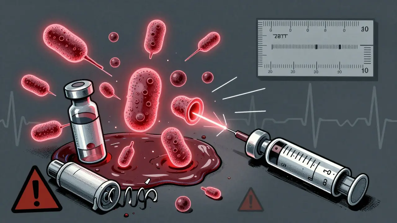 Injectable nanoparticles in a vial, some perfectly sized, others flawed, beside a broken auto-injector.