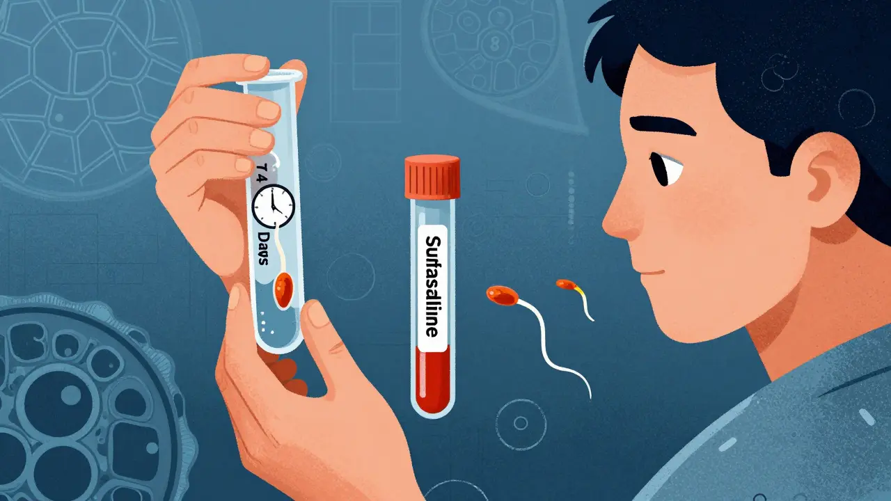 Man holding a test tube showing sperm recovery after stopping a medication, with a 74-day clock visible.